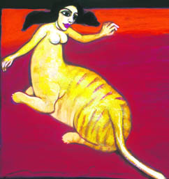 In this work, Shakti is depicted as a hathayogini, wherein she does not ride a lion because she is herself half-woman, half-lion