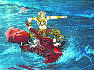 A mural from the Temple of Emerald Buddha at Bangkok, Thailand, depicting Hanuman defeating sea monster to reach Lanka 