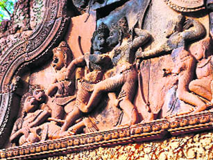 A stone bas relief at Banteay Srei in Combodia depicts the combat between Bali and Sugriva while Rama fires his bow