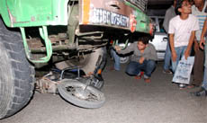A motorcycle crushed under an Army truck near the Fauji Chowk in Bathinda on Sunday evening.