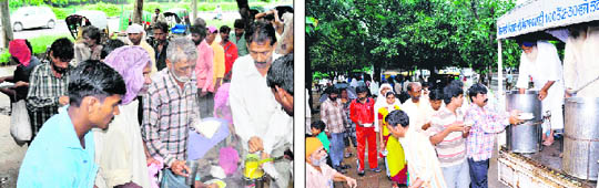 Employees of Jagdeesh Lal Ahuja, a philanthropist, serve food among the poor outside the GMCH, Sector 32; and (right) a langar being organised by sewadars of a gurdwara, at the PGI, Chandigarh. 