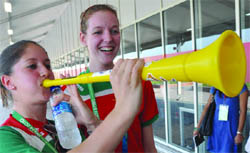 Members of the Wales team enjoy with vuvuzela.