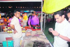 Customers have a look at an organic stall at the Saras Mela