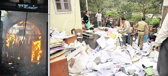 A scene of the fire that engulfed the Collectorate in Nainital and (right) employees retrieve important documents after the fire