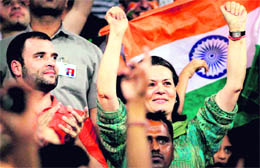 Congress president Sonia Gandhi and AICC general secretary Rahul Gandhi at a hockey event at the Commonwealth Games in New Delhi on Sunday