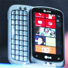 The new Windows Phone 7 is seen at the Windows Phone 7 launch news conference in New York