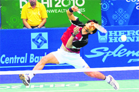 P. Kashyap returns a shot against Malesia during mens single quarter final. Kashyap emerged winner. 