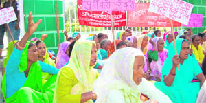Tea estate workers hold a demonstration at the Gandhi Park in Dehradun on Tuesday.