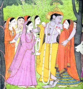 Dalliance of Krishna, a Kangra-style painting by the painter.