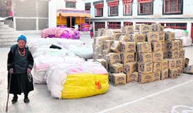 Relief material dumped in a store at a monastery in Leh