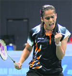 Indias Saina Nehwal during her semi-final win against Susan Egelstaff of Scotland in New Delhi 