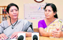 B Gill, Headmistress of The Heritage School (left), addresses a press conference in Dehradun on Wednesday