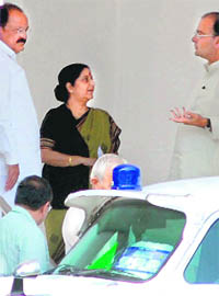 BJP leaders Sushma Swaraj and Venkaiah Naidu after submitting a memorandum to the Prime Minister in New Delhi on Wednesday.