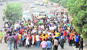 Sportspersons outside Guru Nanak Stadium protest against the use of the stadium for the visit of a religious head in Ludhiana.
