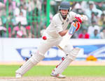 Debutant Cheteshwar Pujara during his knock of 72 runs in Bangalore Test