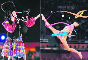 A Scottish bagpiper plays on; and (right) a gymnast in action.