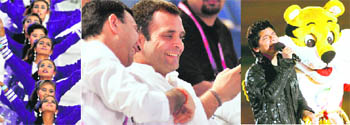 Schoolchildren in a formation; (centre) Rahul Gandhi enjoys the show; and (right) singer Shaan regales the audience.
