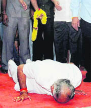 Karnataka Chief Minister BS Yeddyurappa pays obeisance at Sri Shirdi Saibaba Temple after winning the trust vote in Bangalore on Thursday.