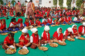 A langar for girls in progress after Kumari Puja on Mahashtami in Bathinda on Friday.