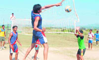 A volleyball match in progress in the Panchayat Yuva Kreeda aur Khel under-16 district-level rural sports meet at Roshanabad