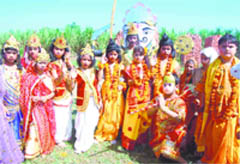 Schoolchildren in all readiness to enact Ramlila at Bachpan Play School in Jagjeetpur, Haridwar.