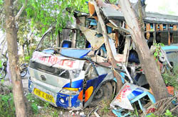 The mangled remains of the bus that met with an accident on the Ambala-Jagadhri road on Saturday.