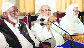 All India Muslim Personal Law Board president Maulana Syed Mohammad Rabey Hasan and general secretary Maulana Syed Nizamuddin at the boards working committee meeting in Lucknow on Saturday.