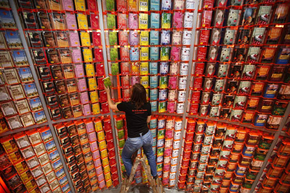 A publisher adjusts books on a shelf during the recently held