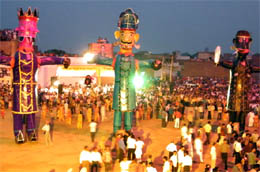 Effigies of Ravana, Kumbhakarna and Meghnad before being set on fire at the railway ground in Bathinda on Sunday