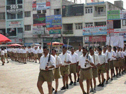 RSS volunteers carry out the route march in Phagwara on Sunday.