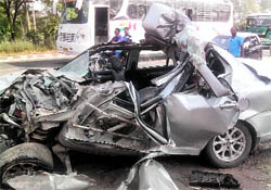 The car that collided with a truck on the national highway near Sahnewal on Sunday