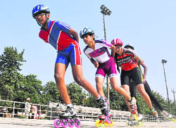 Skaters in action during the two-day District Roller Skating Championship in Ludhiana on Sunday