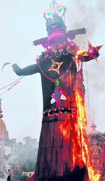 Ravanas effigy being burnt on Dasehra in Ludhiana on Sunday