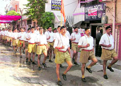 RSS activists take out a march in Ludhiana on Sunday