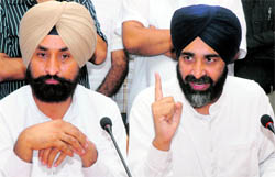 Former Punjab Finance Minister Manpreet Singh Badal along with MLA Jagbir Brar talks to mediapersons in Jalandhar on Sunday