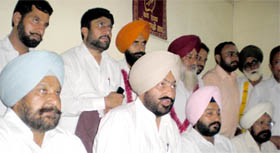 (From left in front row) MLA Nathana Ajaib Singh Bhatti, district Congress president (rural) Narender Bhaleria, MLA Rampura Phul Gurpreet Singh Kangar and MLA Pakka Kalan Makhan Singh addressing the media at Congress Bhawan in Bathinda on Monday.