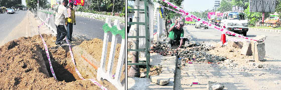 A huge pit dug at the central verge on Ferozepur road (left); and boulders, debris and sand put up several feet beyond the central verge near the Aarti Chowk in Ludhiana.