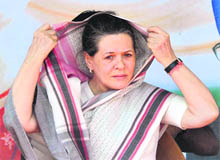 Congress president Sonia Gandhi at an election meeting in Kishanganj on Monday. Launching a scathing attack on the Nitish Kumar government, she said the Congress is committed to secularism and has never joined hands with non-secular forces. 