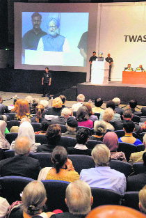 Prime Minister Manmohan Singh speaks at the 21st general meeting of the Academy of Sciences for the Developing World in Hyderabad on Tuesday.