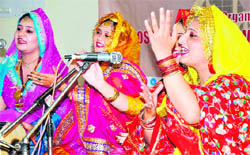 Students perform the traditional song ‘Suhag’ at the Government College for Girls, Sector 42, Chandigarh, on Wednesday.