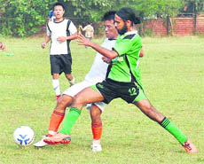 Players in action during a football match in Chandigarh on Wednesday.