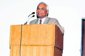 Prof GP Srivastava, Vice-Chancellor of ICFAI University, addresses a workshop in Dehradun
