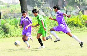 A match being played at the HNB Garhwal University Inter-Collegiate Football Tournament in Dehradun