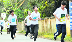 Students of Brightland School participate in a marathon on the occasion of Balmiki Jayanti in Dehradun
