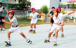 Children perform at XIVth Doon District Roller Skating Championship in Dehradun on Saturday