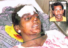 Amandeep Kaur, who was stabbed by her husband Prithvi Singh (inset), in the general hospital in Fatehabad on Saturday