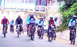 Cyclists during the Hercules MTB Himachal rally in Shimla on Saturday. It was flagged off from the Ridge by Health Minister Rajiv Bindal