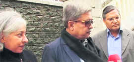 The three-member team of interlocutors comprising Dileep Padgaonkar (centre), MM Ansari (right) and Prof Radha Kumar in Srinagar on Saturday.