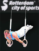 Mateo Morandi of Italy performs during the finals of theArtistic Gymnastic World Championships in Rotterdam on Saturday.