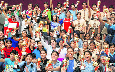 The winners with their trophies at Manav Mangal Smart School in Mohali. 